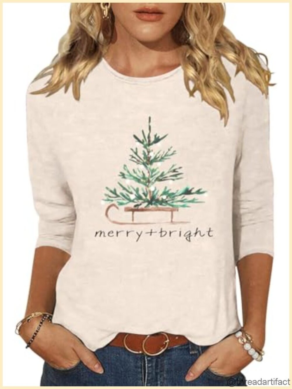 Women's Christmas 3/4 Sleeve Crewneck Shirt Cotton Polyester Holiday Top